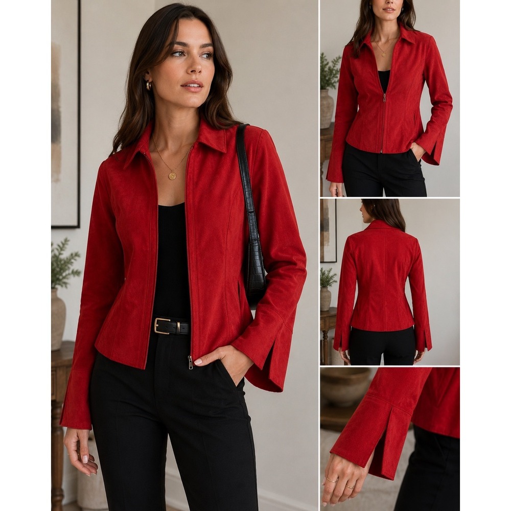 Cato Faux Suede Zip Up Collared Jacket Size M Red Classic y2k Minimalist career